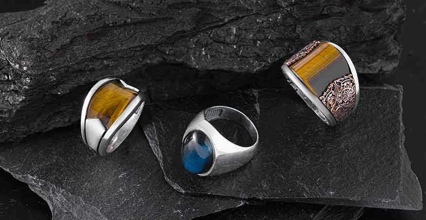 Sterling Silver Mens Modern Ring with Oval Tiger's Eye Gemstone » Anitolia