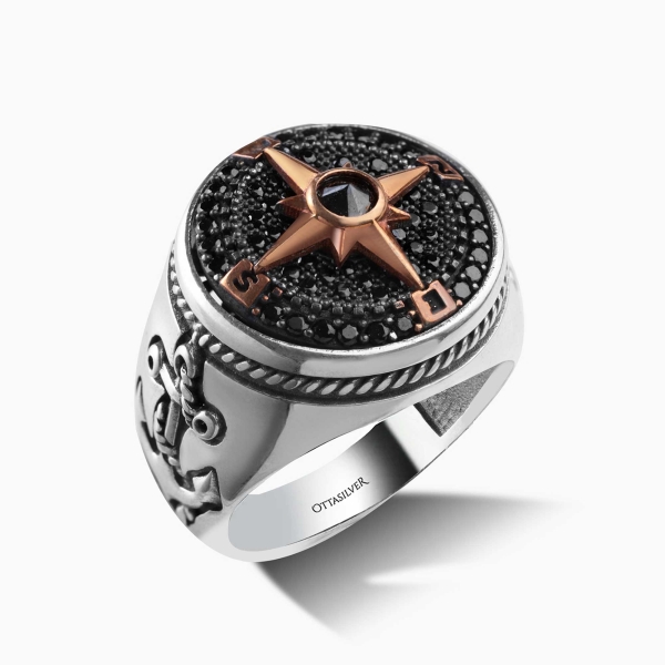 Spinner Compass Ring with Black Zircon