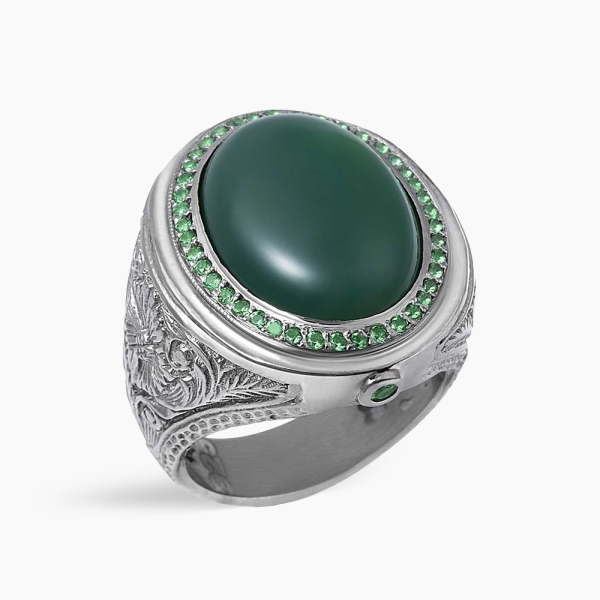 Men's Silver Ring with Agate and  Green Zircon