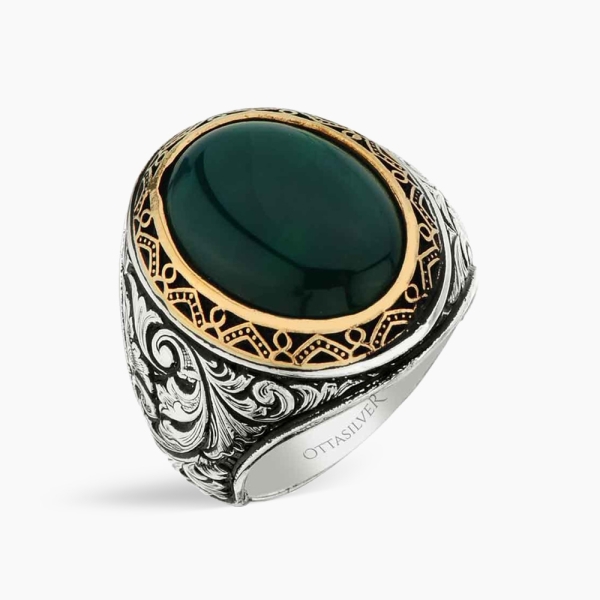 Green Agate Stone Men's Ring in Silver