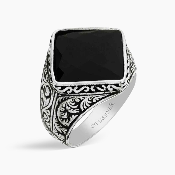 Square Silver Men's Ring with Black Zircon