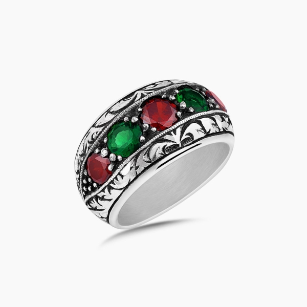 Green & Red  CZ Diamonds Ring