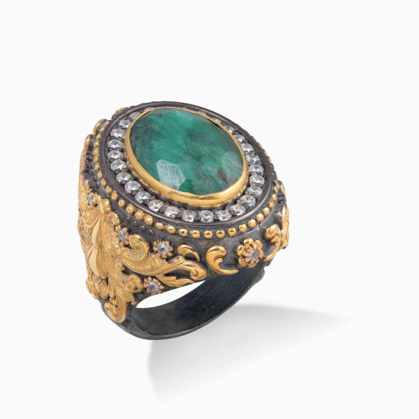 Root Emerald Stone Gold Plated Ring