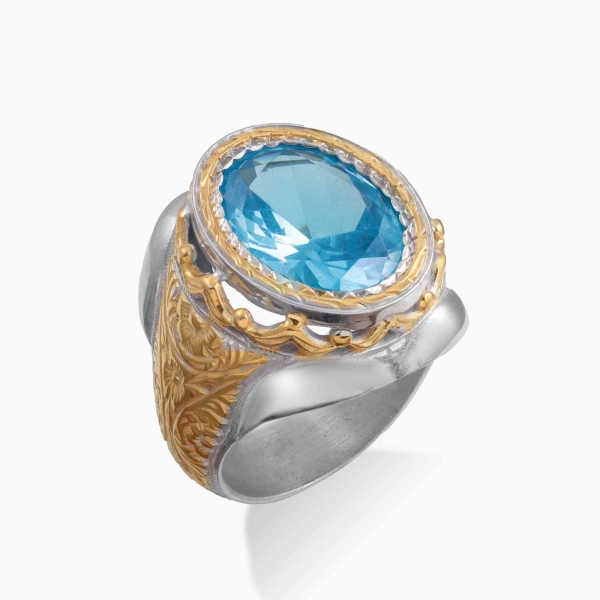 Aquamarine Stone Hand Engraved Ring