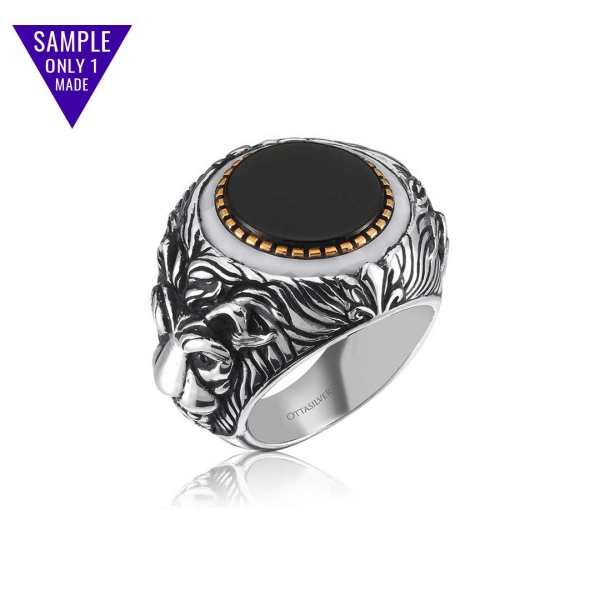 Black Onyx Silver Ring Lion Design