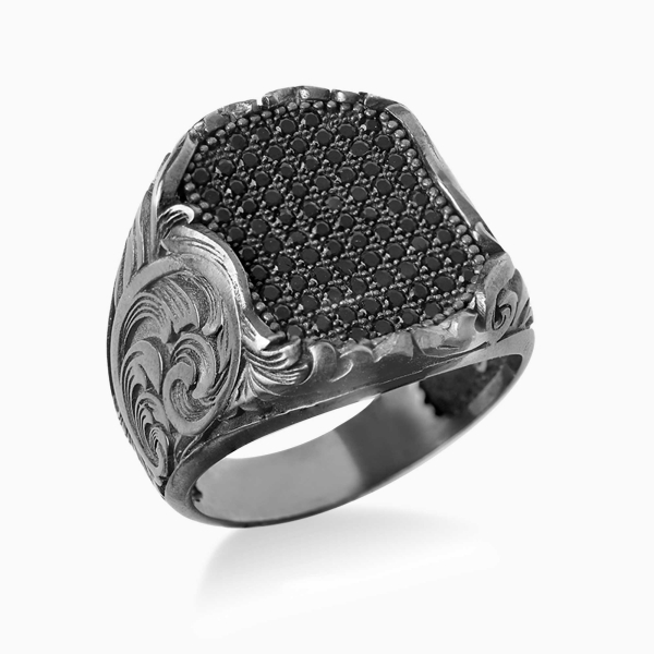 Black Zircon Engraved Silver Ring