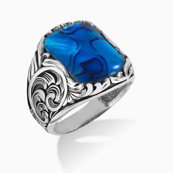 Blue Mother of Pearl Engraved Ring