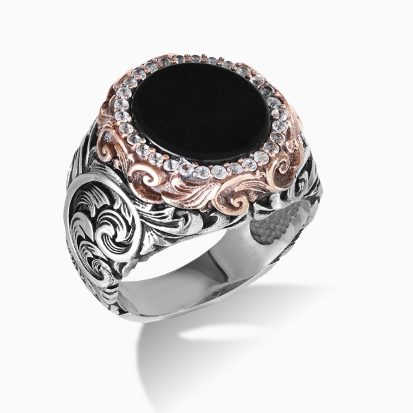 Engraved Silver Black Onyx Ring