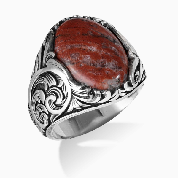 Engraved Silver Jasper Stone Ring