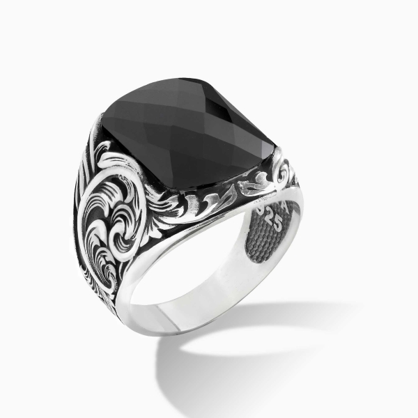 Engraved Silver Black Zircon Stone Ring