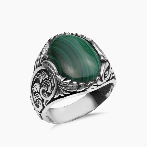 Malachite Stone Engraved Silver Ring 