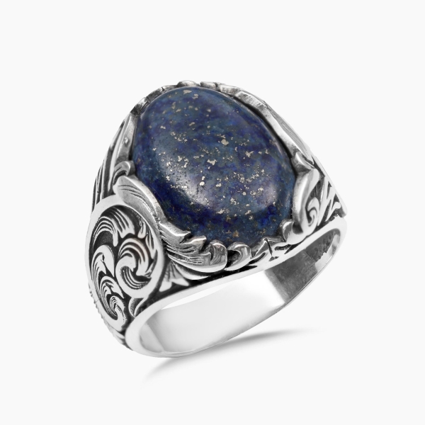 Engraved Silver Lapis Lazuli Stone Ring