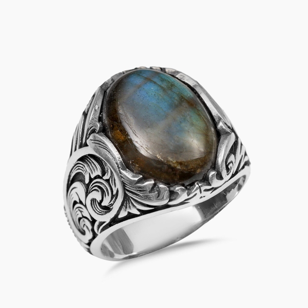 Engraved Silver Labradorite Stone Ring