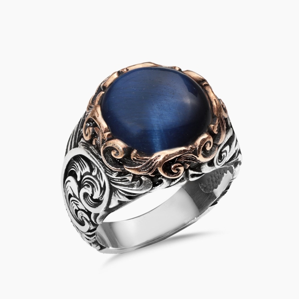 Blue Tiger Eye Shadow Silver Ring