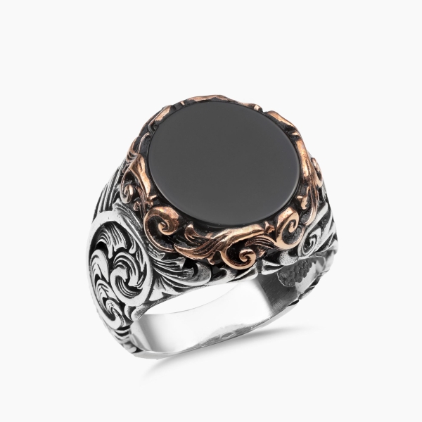 Engraved Silver Black Onxy Stone Ring