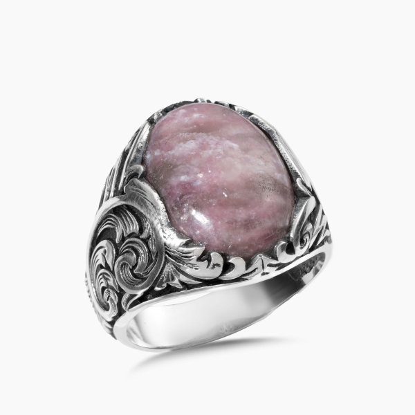 Engraved Silver Pink Amethyst Stone Ring