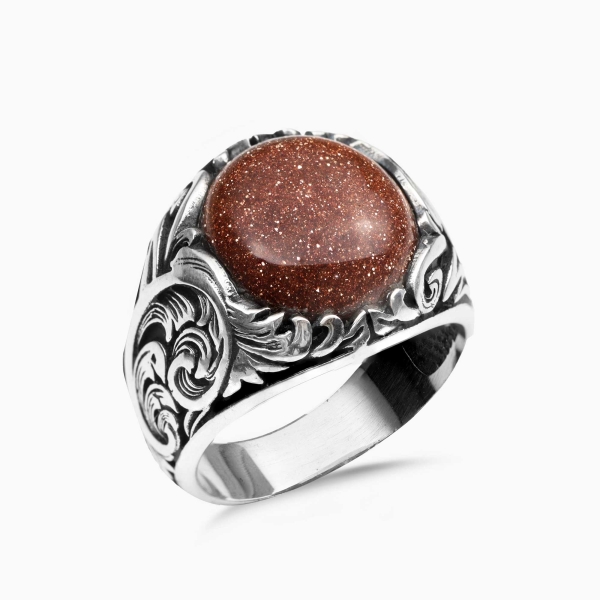 Engraved Silver Star Stone Ring