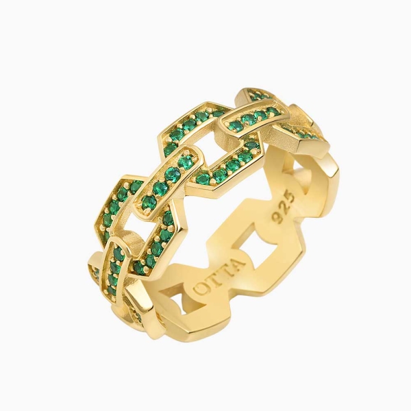 18K Gold Chain Band Ring Green Zircon - 8.5 mm