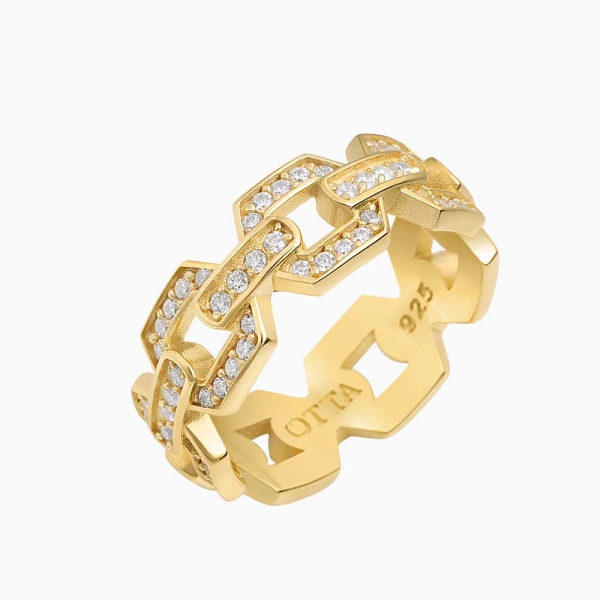 18K Gold Chain Band Ring White CZ Diamonds - 8.5 mm