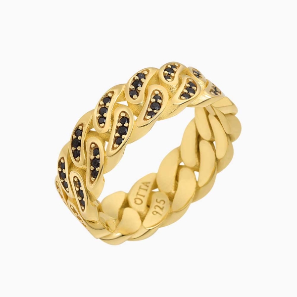 18K Gold Cuban Band Ring Black Zircon - 8 mm