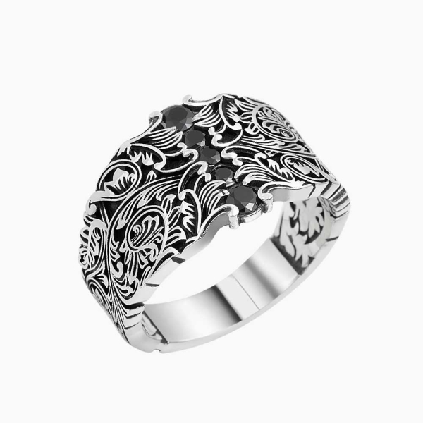 Silver Curved Band Ring Black Zircon - 14 mm