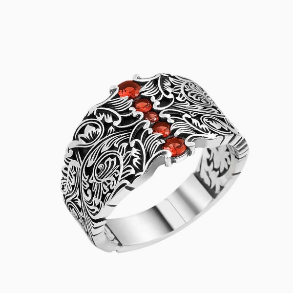 Silver Curved Band Ring Red Garnet - 14 mm