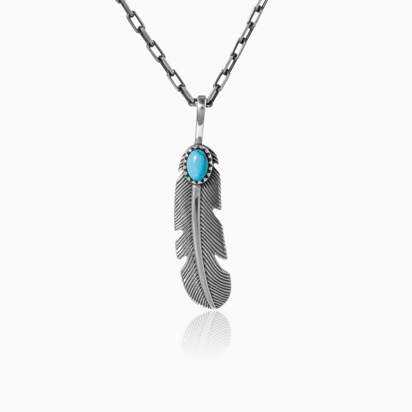 Turquoise Stone Silver Feather Pendant