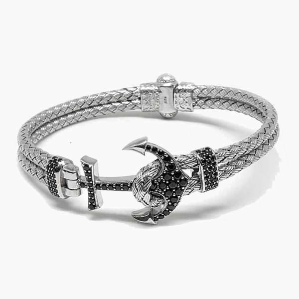 Hand-Knitted Silver Anchor Bracelet with Zircon