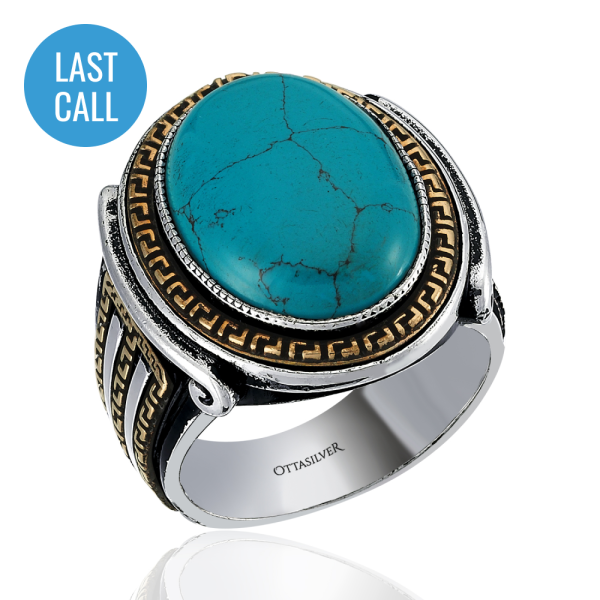 Oval Design Silver Men Ring - S-Turquoise