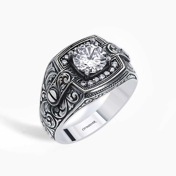 Zircon Stone Engraved Ring