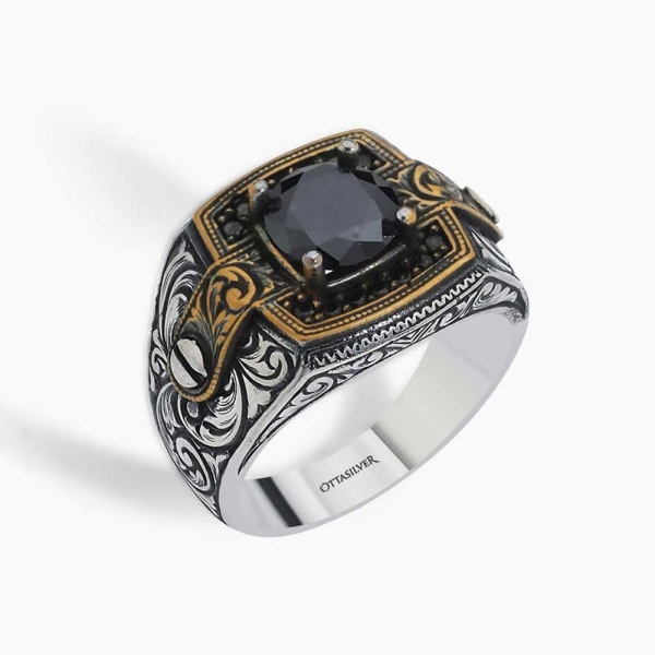 Black Zircon Stone Engraved Ring