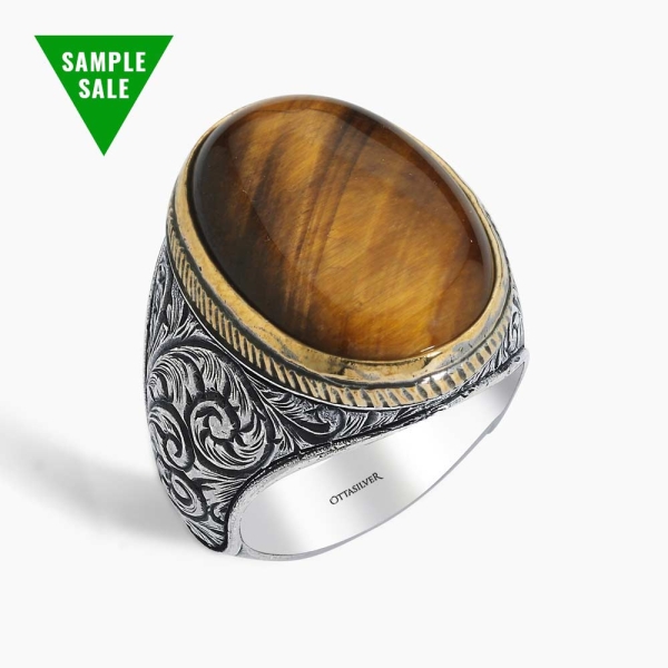 Tiger Eye Stone Engraved Silver Ring