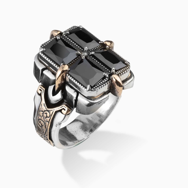 Engraved Silver Ring with Black Zircon Stones