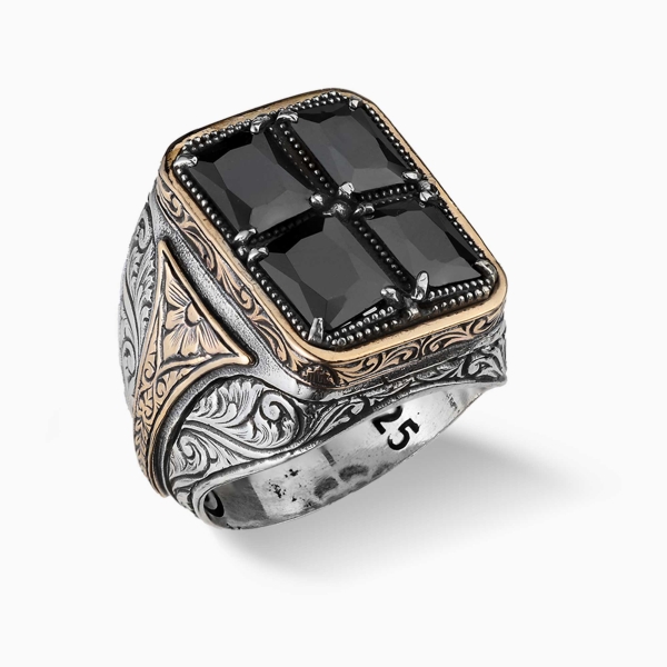 Hand Engraved Silver Ring with Black Zircon Stone 