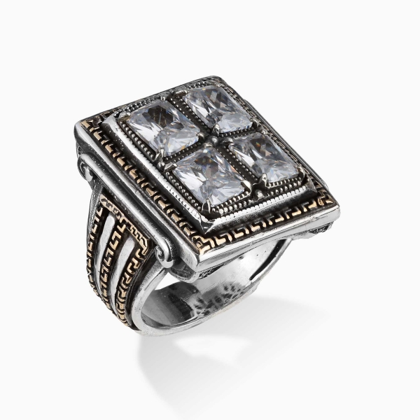 White Zircon Stone Silver Ring with Carved Motif 