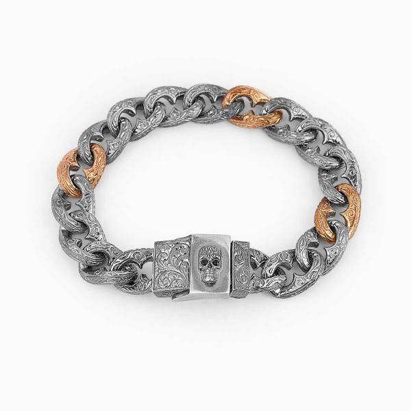 Hand-Engraved Silver Bracelet with Skull