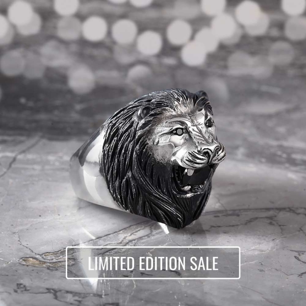 Black CZ Roaring Lion Ring