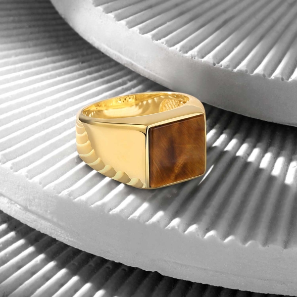 14K Solid Gold Basic Ring with Tiger Eye