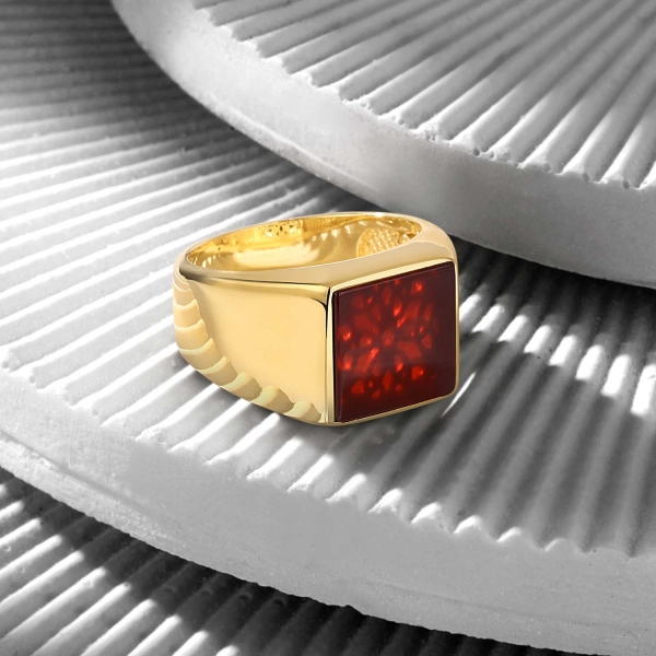 14K Solid Gold Basic Ring with Red Agate