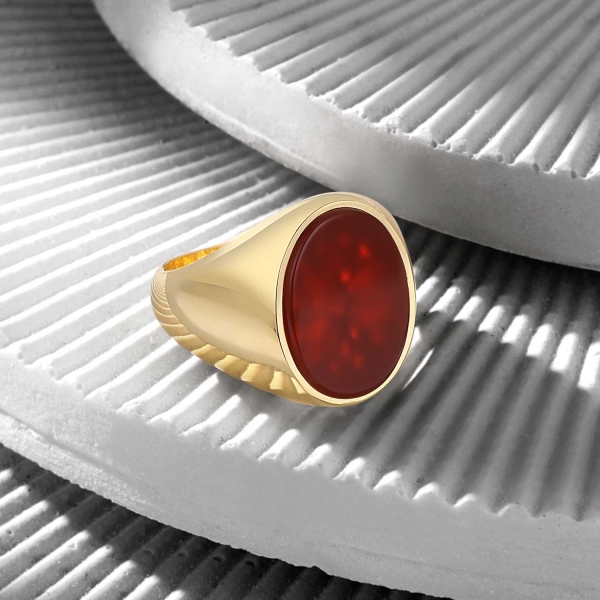14K Solid Gold Classic Ring with Red Agate