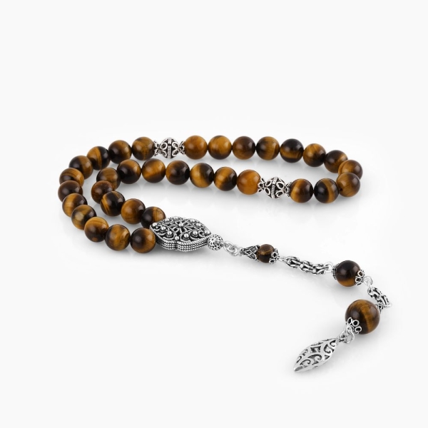 Tiger's Eye Sphere Cut Rosary with Silver Tassels