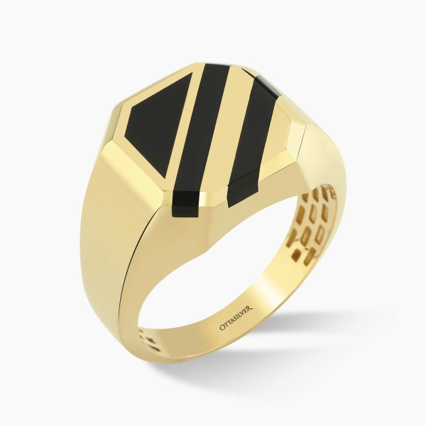 14K Solid Gold Geometric Black Onyx Stone Ring