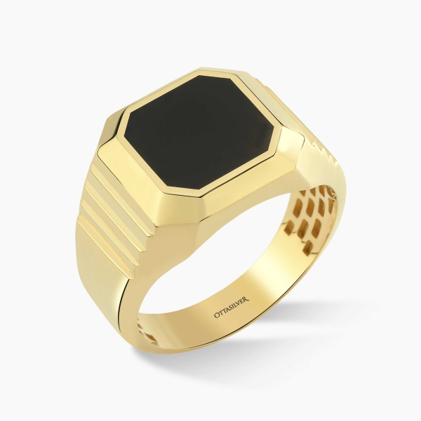 14K Solid Gold Octagon Black Onyx Stone Ring