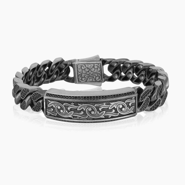 Hand-Engraved Silver Bracelet with Zircon Stone