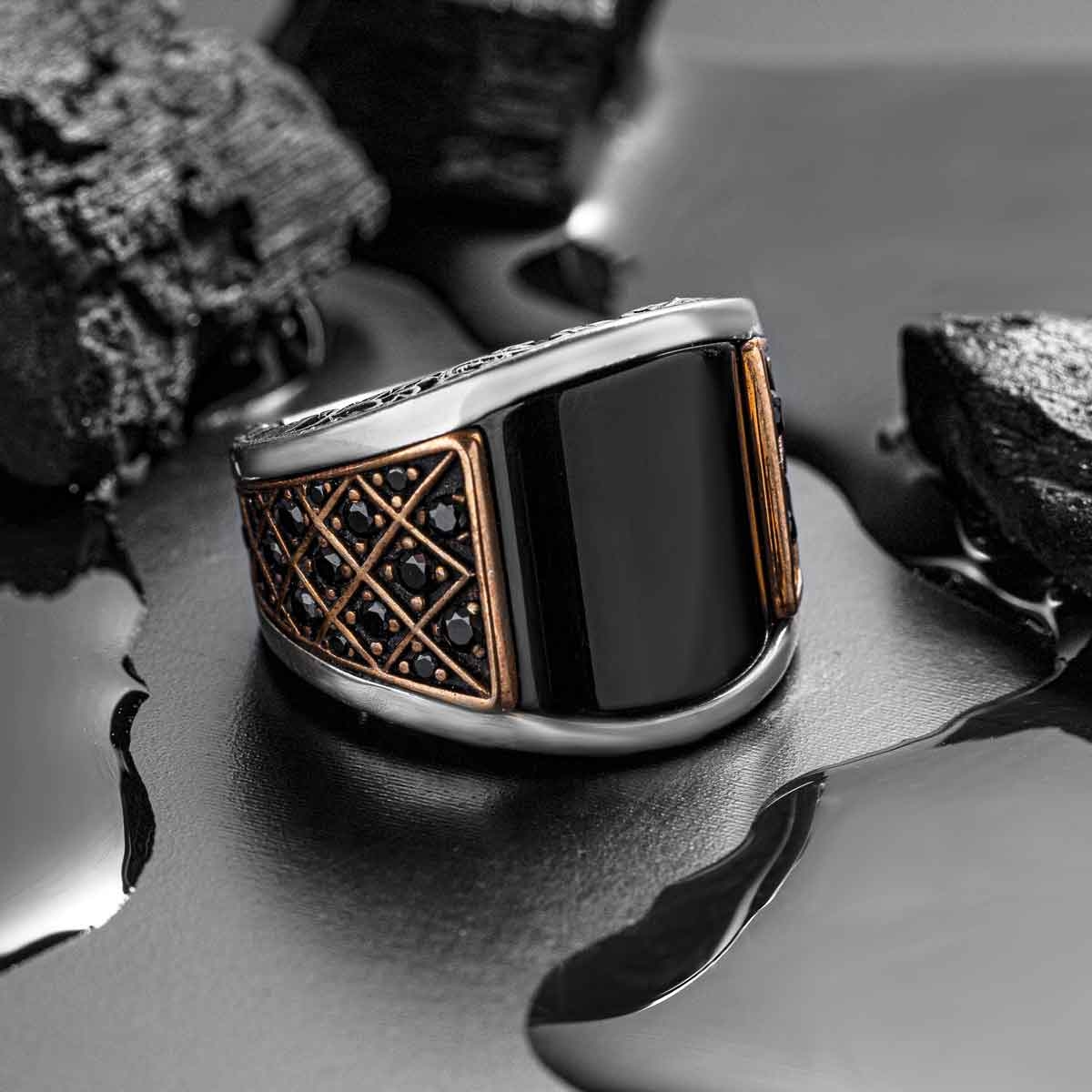 Curved Silver Mens Ring with Black Onyx