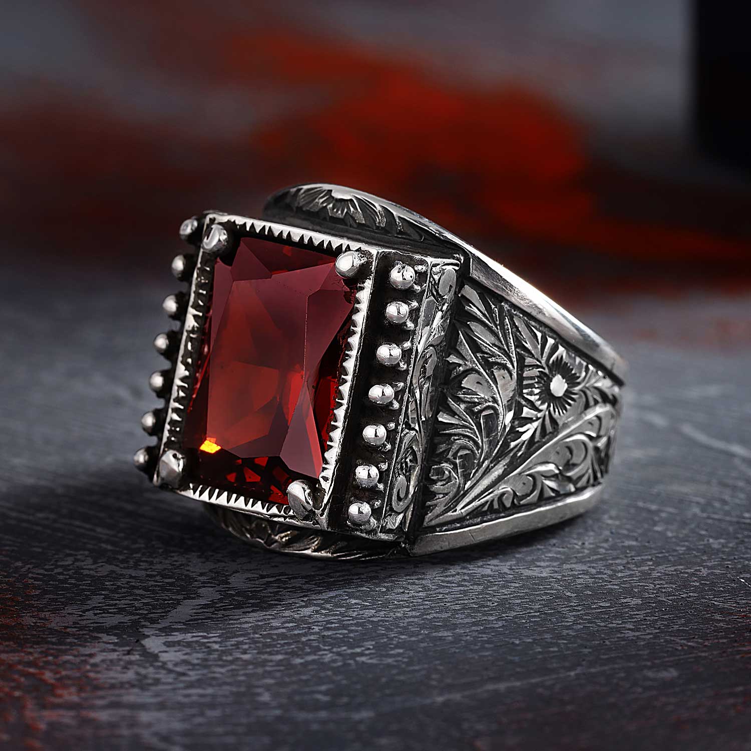 Hand-Engraved Red Zircon Silver Ring